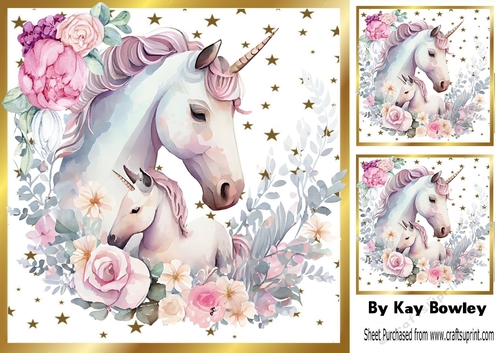 Pretty Unicorm Mum & Baby With Stars & Roses 8x8