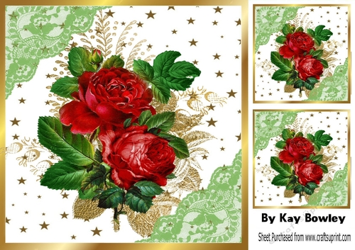 Pretty Red Roses With Gold Stars and lace 8x8