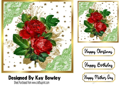 Pretty Red Roses With Ornate Frame With Gold Stars 7x7