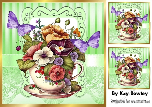 Pretty Vintage Floral Teacup with purple butterflies 8x8