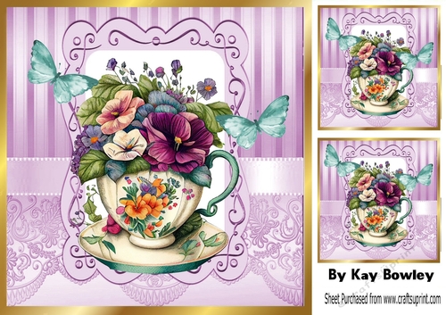 Pretty Vintage Floral Teacup with turq butterflies 8x8