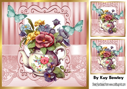 Pretty Vintage Floral Teacup with butterflies 8x8