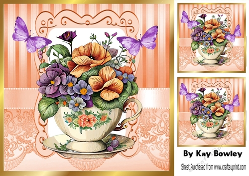Pretty Vintage Colours Floral Teacup with butterflies 8x8