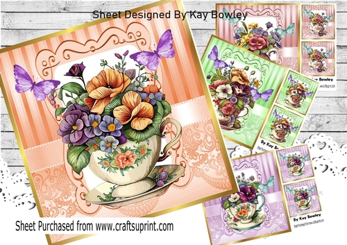  4 Pretty Vintage Floral Teacups with butterflies 8x8 Mini Kit