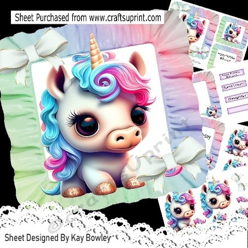 Pretty Rainbow Unicorn With White Bows in 7x7 Frill Frame Mini Kit