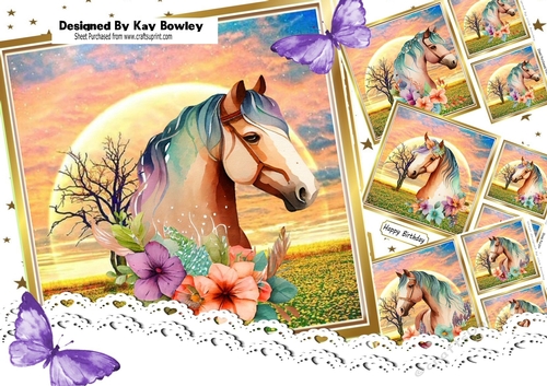  4 Lovely Autumn Sunrise with Horses and flowers 7x7  Mini Kit