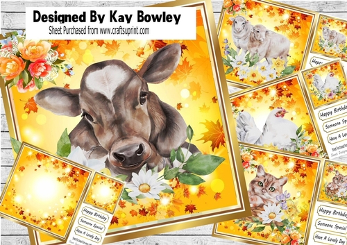  4 Autumn Yellow Leaves with flowers and cute Farm Animals Mini Kit