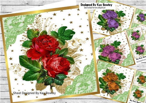  4 Pretty Roses With Gold Stars and lace 8x8 Card Fronts Mini Kit