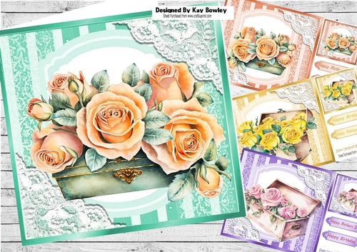  4 Pretty Coloured Roses In Vintage Trunks with lace 8x8 Mini Kit