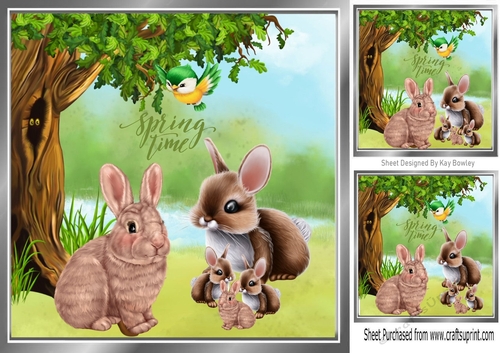 Lovely  Country Spring Scene with Bunny Family 8x8
