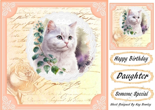 pretty kitten on lace with peach rose script 8x8 frame