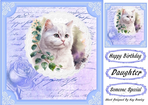 pretty kitten on lace with blue rose script 8x8 frame