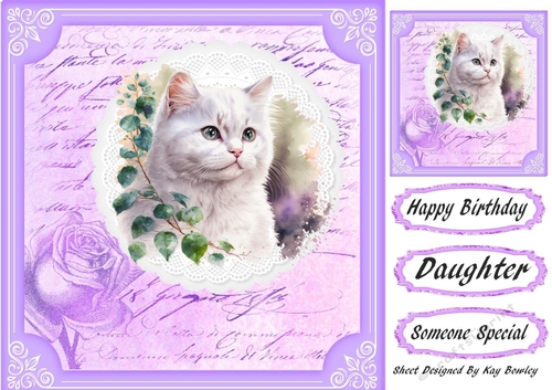 pretty kitten on lace with purple rose script 8x8 frame