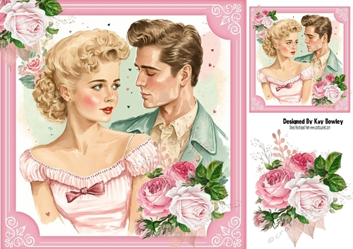 Lovely Romantic Couple Hugging with Pink and White Roses 8X8