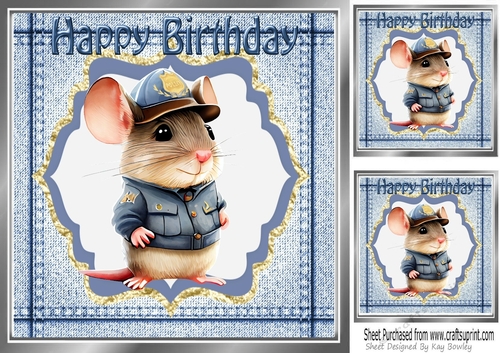 Cute Mouse in Police Uniform in Denim Frame 8x8 (one)
