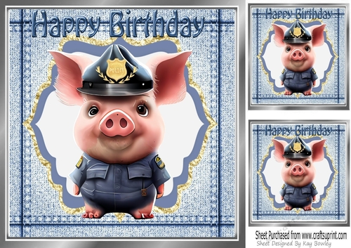 Cute Pig in Police Uniform in Denim Frame 8x8 (two)