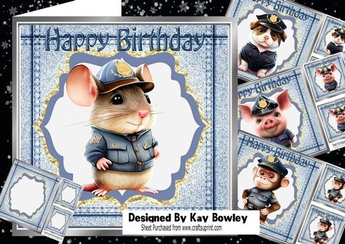  4 Cute Animals in Police Uniforms in Denim Frame 8x8 Mini Kit