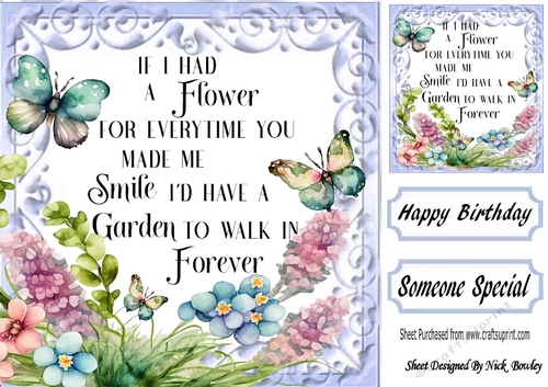Pretty Garden of Flowers With Butterflies With Verse Blue 8x8 (one)