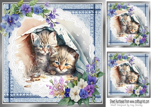 Two Playful Kittens On Lace with Flowers 8x8 (three)