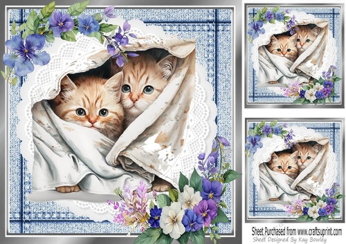 Two Kitten Cuddles On Lace with Flowers 8x8 (Four)