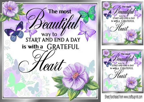 A Greatful Heart Lovely Verse With Purple Shades Flowers/Butterflies 8x8 (one)