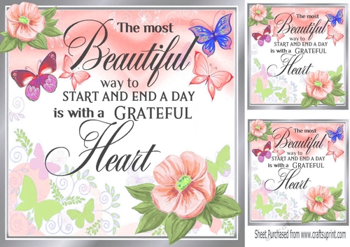 A Greatful Heart Lovely Verse With Peach Shades Flowers/Butterflies 8x8 (four)