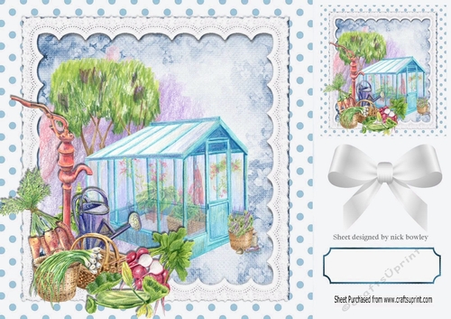 Pretty Garden with Green House with Blue Polkadot 8x8 