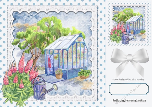 Pretty Garden with Green House With Flowers Blue Polkadot 8x8
