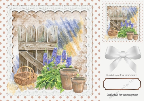Pretty Garden with Gate and Pots with Brown Polkadot 8x8