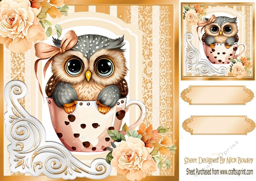 Cute Owl In A Teacup With Peach Roses 8x8