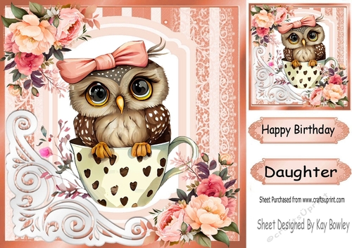 Cute Owl In A Teacup With Peach/Pink Roses 8x8