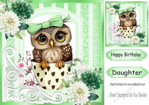 Cute Owl In A Teacup With Green/White Flowers 8x8