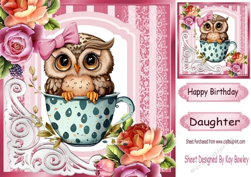 Cute Owl In A Teacup With Peach and Red Roses 8x8 (Pink)