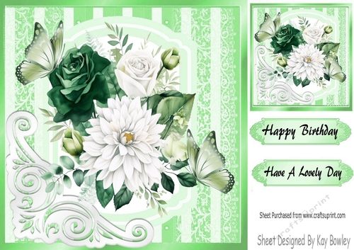 Pretty Green/White Roses Flowers/Butterflies 8x8