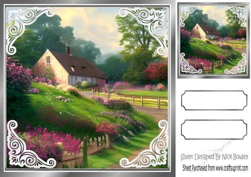 Pretty Path OF Flowers with  Cottage Ornate Corners 8x8