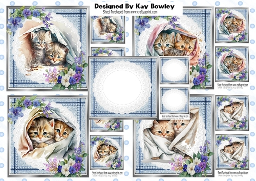4 Pretty Kittens On Lace with Flowers 8x8 card fronts  Mini kit