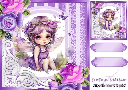 Pretty Fairie In Purple With Roses, Ornate Corners 8x8 (two)