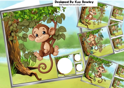  4 Cute Monkeys In Trees card fronts 8x8 Mini Kit