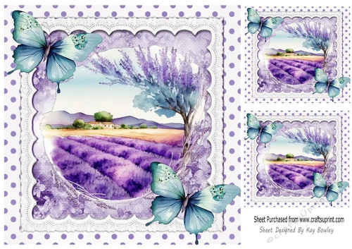 Pretty Lavender Fields With Turq Butterflies/polkadot on Lace 8x8