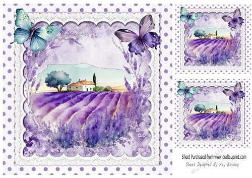  Lavender Fields With Turq/Purple Butterflies/polkadot on Lace 8x8