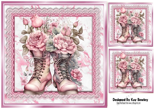 Pretty Pink Lace & Marble Card Fronts/Toppers 8x8 Boots/Roses(one)