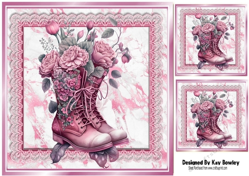 Pretty Pink Lace & Marble Card Fronts/Toppers 8x8 Boots/Roses(Two)