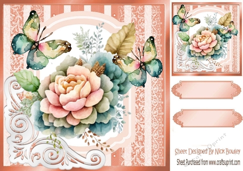 Peach Roses With Butterflies Ornate Corner 8x8