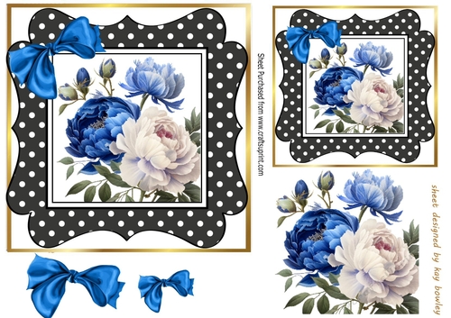 Pretty Blue/White Peonies Black Polka Dot with Bows 7x7 (one)