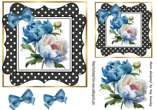 Pretty Blue/White Peonies Black Polka Dot with Bows 7x7 (two)