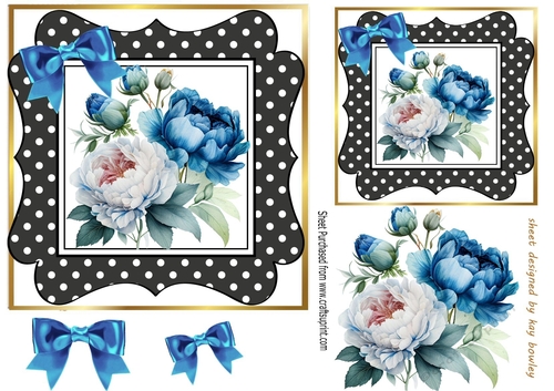 Pretty Blue/White Peonies Black Polka Dot with Bows 7x7 (three)