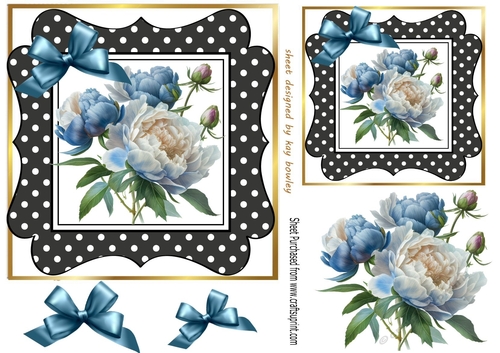 Pretty Blue/White Peonies Black Polka Dot with Bows 7x7 (four)