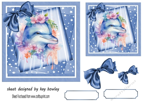 Lovely Dolphin with Flowers, Stars & Bows 7x7 (one)