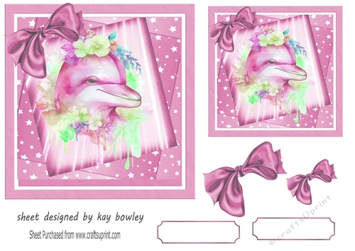 Lovely Dolphin with Flowers, Stars & Pink Bows 7x7 