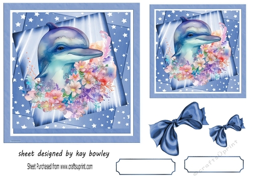 Lovely Dolphin with Flowers, Stars & Bows 7x7 (four)